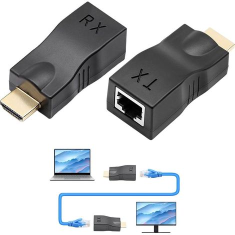 Adaptateur RJ45 HDMI, lot de 2 convertisseurs réseau HDMI, convertisseur Ethernet HD MI, portée jusqu'à 30 m, ne prend pas en charge le protocole HDCP, pour hôtels et conférences. (1/5)