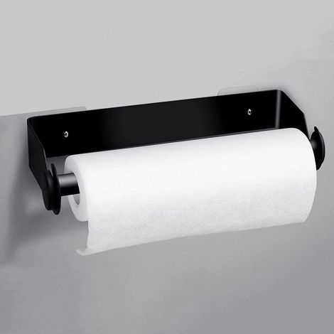 Porte-rouleau de papier essuie-tout sans perçage, porte-essuie-tout mural, porte-essuie-tout en acier inoxydable, distributeur de rouleaux, porte-essuie-tout (noir) (1/2)