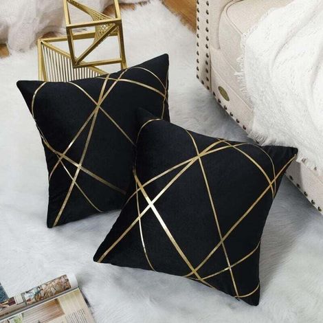 45 x 45 cm Samtkissenbezug, schwarze Dekokissenbezüge, XU, geometrisches Kissen mit goldenen Linien für Wohnzimmer, Schlafzimmer, Bank, Sofa, 2er-Pack - KZQ (1/4)