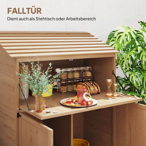 Armoire de jardin avec plan de travail rabattable, coffre à outils avec toit, 110 x 54 x 136 cm, en bois de pin, couleur marron