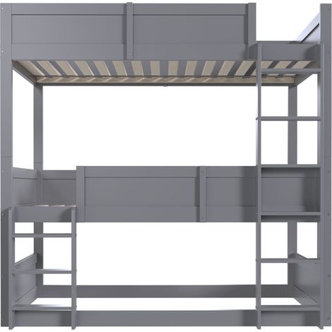Litera triple infantil 90 x 200 cm de madera gris con barreras altas (1/5)