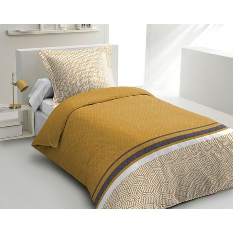 Parure de Couette 140x200 cm 100% Coton 57 Fils Housse + 1 Taie Motif Tilt Ocre (1/5)