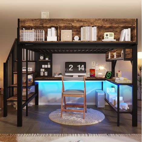 Lit mezzanine vintage bois et métal brun/noir 140x200 cm avec bureau d'angle, rangements, LED et prises USB (1/5)