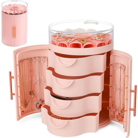 MINKUROW Joyero De Doble Puerta, Organizador De Joyas Con 4 Cajones Para Anillos, Pendientes, Pulseras, Collares, Regalo De Cumpleaños Para Mujer (Rosa) (1/5)