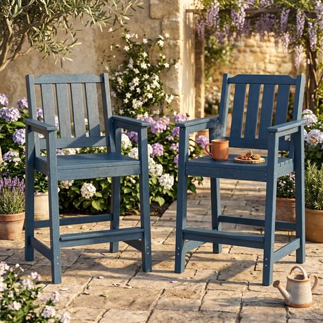 GARVEE - Tabourets de bar pour extérieur 2 pièces HDPE résistant aux intempéries, chaises Adirondack larges avec accoudoirs(Bleu) (1/5)