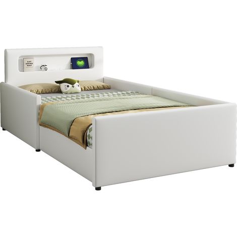 Letto per Bambini Letto Singolo 90 x 200 cm con USB, Luce Notturna e Cassetto, senza Materasso, Bianco (1/5)