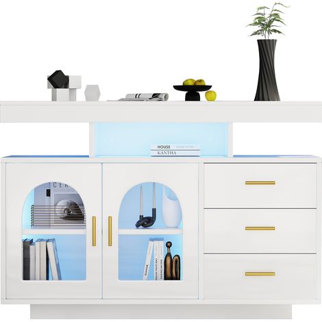 Buffet LED 120 cm avec espace bar à café et tiroirs – Buffet de salon et meuble de cuisine brillant avec éclairage LED 16 couleurs pour salle à manger, blanc