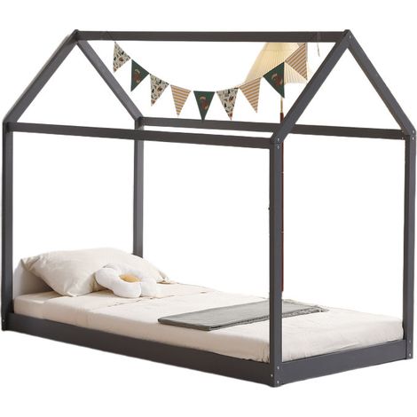 Lit cabane enfant bois gris avec sommier 97x196x157 cm ROBINSON (1/5)