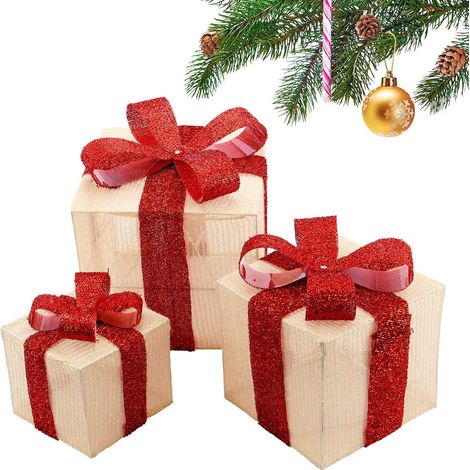 Set di tre pezzi per incartare i regali di Natale, con luci LED colorate e fiocco, luci natalizie decorative per interni ed esterni (crema e rosso) (1/5)