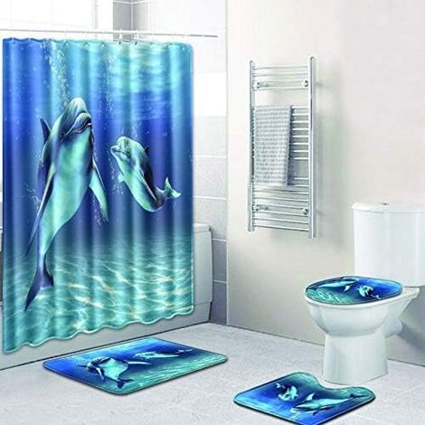 4-teiliges Duschvorhang- und Badematten-Set mit Delfinmotiv (180 x 180 cm)