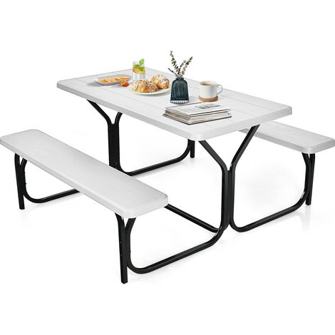 GOPLUS Ensemble de Table de Camping Pliable avec Cadre en Métal,Ensemble Table et Bancs en PEHD,4 Personnes,137L x 150l x 72H,Blanc (1/5)