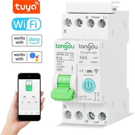 Disjoncteur intelligent Wifi 1P-10A – Contrôle à distance via application – Compatible Alexa et Google Home – Surveillance consommation électrique (1/5)