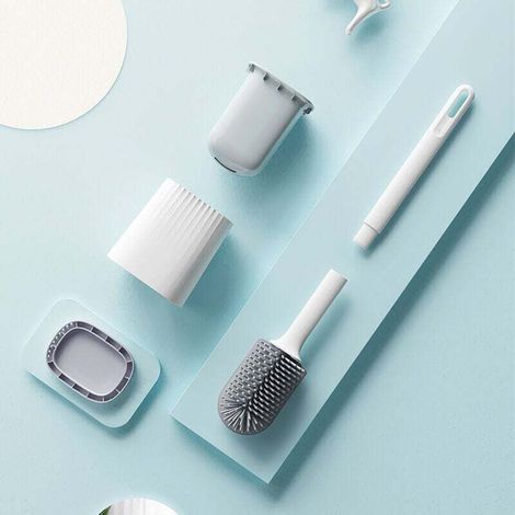 Scopa per WC in silicone, scopino per tazza del water con supporto. Scopa per WC con setole in silicone. Scopa per WC piatta e flessibile per il bagno con supporto. Scopa per WC Crezuo.