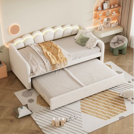 Lit 90x200 avec lit gigogne, velours beige HAVRYA (1/5)