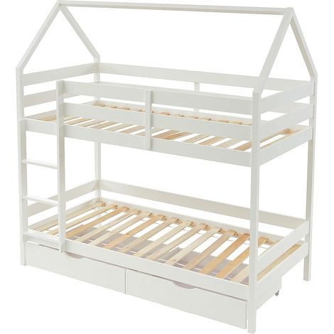 Vente-Unique – Lit superposé cabane 90 x 190 cm – 2 tiroirs coulissants – Structure en pin laqué blanc – Charge maximale 120 kg (1/4)