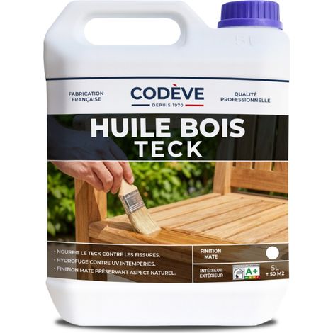 Codève Bois – Huile pour bois teck 5 L – Incolore – Protection naturelle contre UV et tâches – Rendement 10-11 m²/L