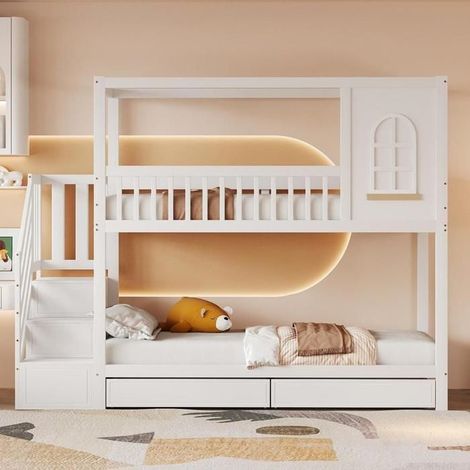 Lit superposé enfant - KOMHTOM - modèle Maison - 90x200 cm - Bois massif - Avec tiroirs et barrières (1/5)