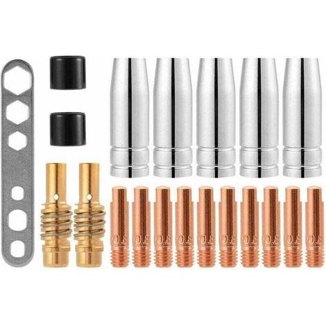 Confezione da 20 punte di contatto per ugelli di saldatura MIG/MAG 15AK M6, 0,8 x 25 mm (10 contatti, 5 ugelli, 2 connettori, 2 isolanti, 1 utensile).-Crezuo
