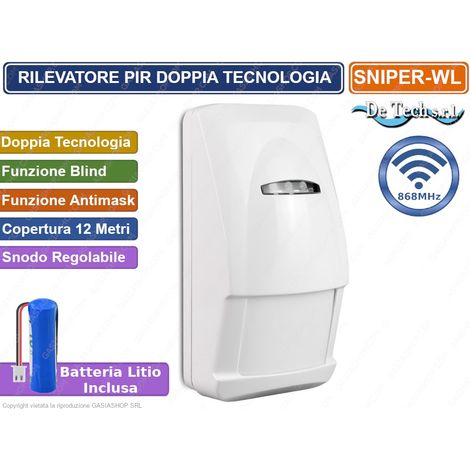 PIR SENSORE RIVELATORE DOPPIA TECNOLOGIA 15 METRI BLIND ANTIMASK WIRELESS 868MHZ