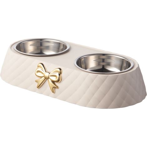 Cuenco Doble Para Perros Y Gatos - Acero Inoxidable Antideslizante - Soporte Con Moño Decorativo - Color Beige - 2 Unidades (1/5)