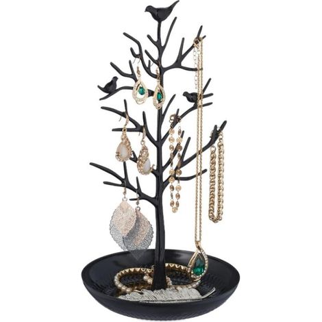 Porte Bijoux en Forme d'Arbre, pour Colliers, Boucles d'Oreilles, Bracelets, HxLxP 30 x 16 x 15 cm, Noir (1/5)