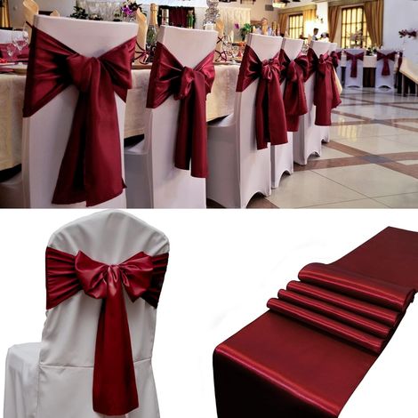 Lot de 10 housses de chaises en satin avec nœud, 17 × 275 cm, couleur bordeaux, pour mariages, banquets, fêtes, réceptions et événements (1/5)
