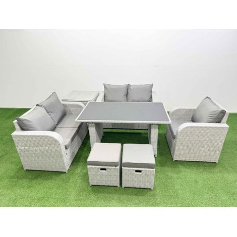 Fimous Rattan Sofa Outdoor Furniture with Dining Table,Side Table,Love Sofa,2 Small Stools Patio Furniture Light Grey 7 Seater (1/4)