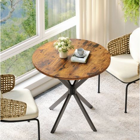 Table à manger ronde 80x80x75 cm marron et noir en métal et panneau de particules avec pieds en X stables (1/5)