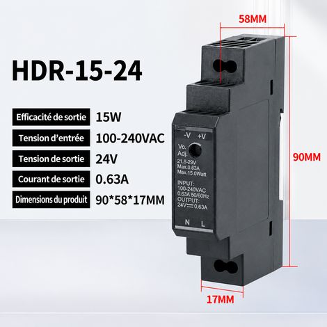 Alimentation sur rail DIN HDR-15-24V 24V 0,63A AC 220V vers DC 1 kg hdr-15-24v 0.63 1 kg – Livraison gratuite