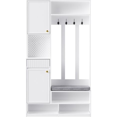 Mobile da ingresso con panca, 4 ganci, armadio e cassetti, bianco, 100 x 180 x 35 cm (1/5)
