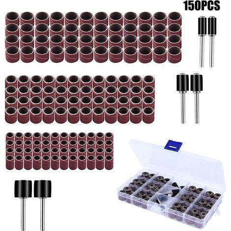 Set di tamburi abrasivi CSPARCV da 150 pezzi con scatola inclusa, comprendente 144 nastri abrasivi e 6 mandrini per utensili rotanti. (1/5)