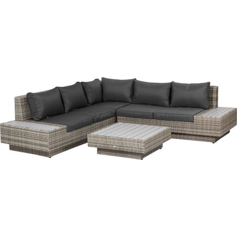 Outsunny 4 Pieces Rattan Garden Furniture Set, Garden Corner Sofa with Side Trays, Wicker Conservatory Furniture Set with Loveseats, Slatted Plastic Top Coffee Table and Cushions, Light Grey