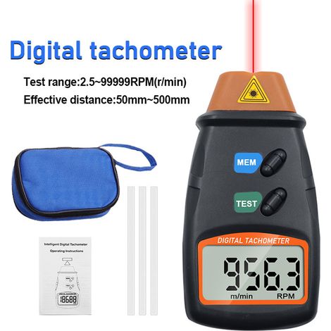 Tachymètre numérique portatif 2,5-99999 tr/min Compteur de vitesse de rotation laser sans contact avec sac en tissu pour moteurs ventilateurs Machine à laver Automobiles. (1/5)