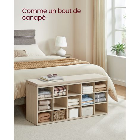 VASAGLE Banc à Chaussures, 15 Compartiments, Siège Rembourré, Beige Naturel, Beige Cappuccino