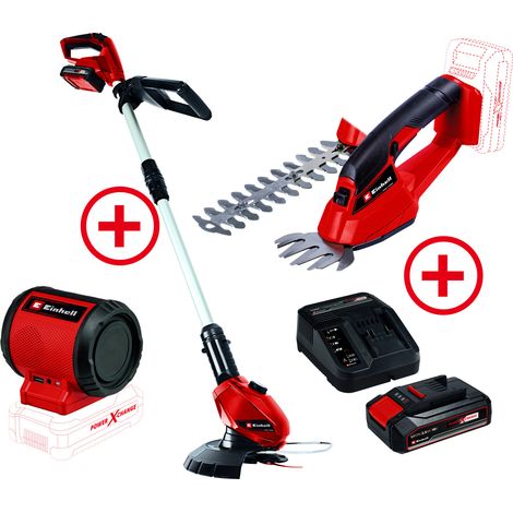 Einhell Rasentrimmer inkl. 2,0 Ah Starter-Kit + Gras-und Stauchschere + 2,5 Ah Starter-Kit + Akku-Lautsprecher