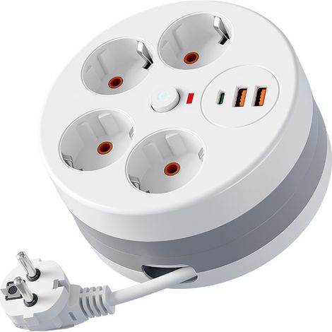 Multiprise de bureau ronde : 4 prises + charge rapide Type-C + 2 ports USB avec interrupteur — Rallonge électrique de 2,8 m (1/4)