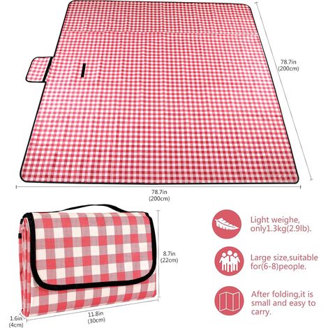 Couverture de Pique-Nique Tapis de Plage Imperméable 200 × 200cm,Tapis de Pique-Nique Léger et Lavable à Carreaux avec Poignée,Convient pour la Randonnée Voyage Camping en Plein Air,Parc (1/4)
