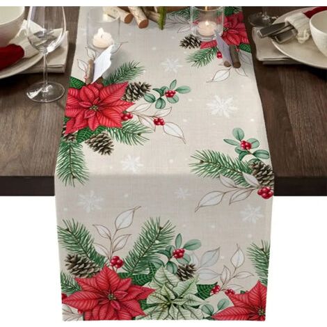 Chemin de table fleuri rouge, motif branches et pommes de pin d'hiver - 183 cm x 33 cm (1/5)
