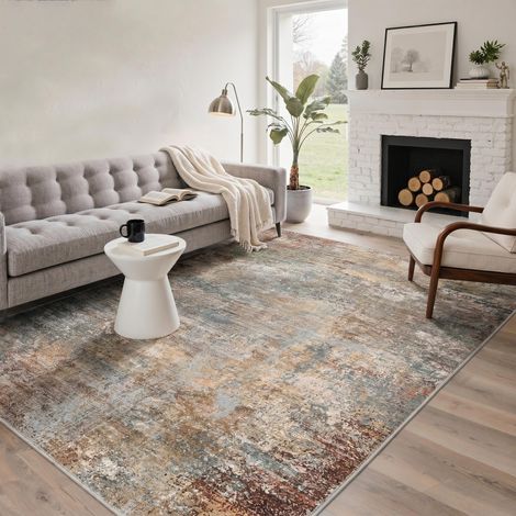 Waschbarer Teppich Wohnzimmer, Abstrakt Design Teppich Schlafzimmer Kurzflor, Groß Teppiche rutschfest Weiche für Badezimmer Esszimmer Flur, 120X170CM, Terre Cuite Ocrée Sauge (1/4)