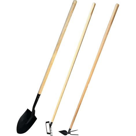 Monmobilierdesign – Lot d'outils de jardinage en bois de frêne – Pelle bêche, râteau, serfouette panne et langue – Outils légers et solides pour jardinage