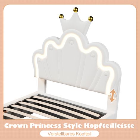 Lit coffre couronne princesse 90x200 cm, sans matelas, bande LED intégrée, mécanisme hydraulique relevable, tête de lit réglable, blanc, en PU (1/5)