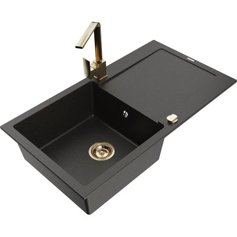 Mexen Leo granitspüle 1-becken mit abtropffläche und küchenarmatur Rita, schwarz/gold metallic - 6501-75-670300-50 (1/5)
