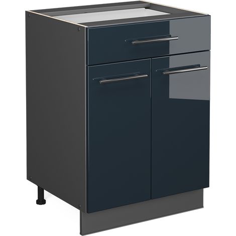 Mobiletto base per cucina Fame-Line, Blu scuro lucido, 60 cm con cassetto, PL Antracite, Vicco