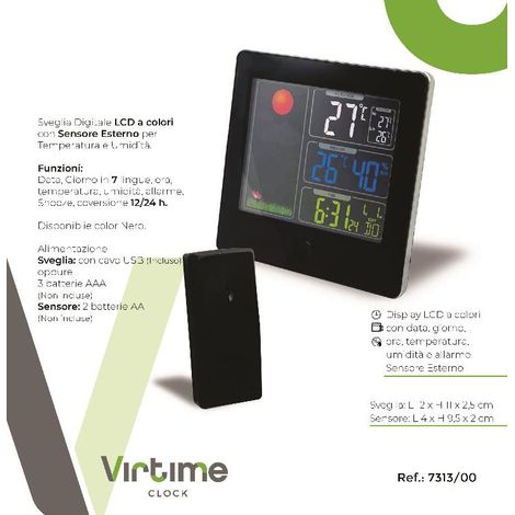 Orologio Sveglia Schermo LCD con Data e Meteo 12 x 11 cm (1/2)