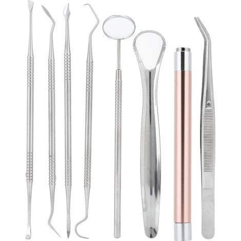 Kit de 8 pièces pour éliminer la plaque dentaire : cure-dents, gratte-plaque, miroir buccal, lampe de poche (1/5)