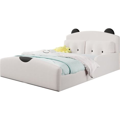 Lit Enfant 140 x 200 cm en Lin, Lit Double avec Tête de Lit Rembourrée en Forme d'Ours et 2 Coussins, Blanc (1/5)