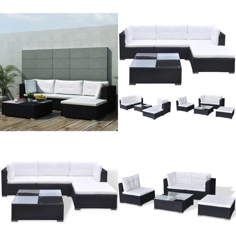 5-tlg. Garten-Lounge-Set mit Kissen Poly Rattan Schwarz - Gartenmöbel - Loungesessel - Rattan Möbel - Outdoor Sofa - Esszimmergarnituren - Home & Living (1/5)