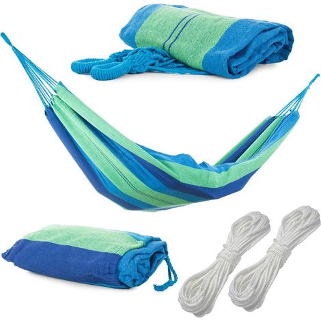 Hamac de jardin suspendu bleu et vert 200x80 cm avec housse de transport (1/5)