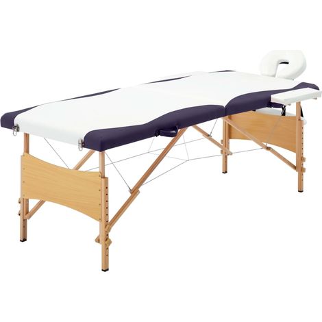 Table de massage pliable à 2 zones avec cadre en bois, blanche et violette (1/5)