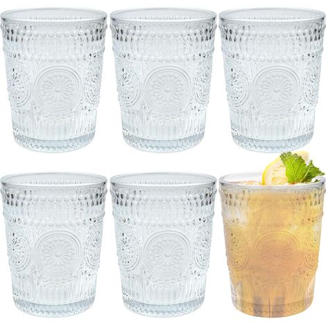 Lot de 6 verres vintage romantiques transparents empilables pour café, cocktail, bar, boissons, thé, lait, yaourt, whisky, motif floral en relief (1/5)